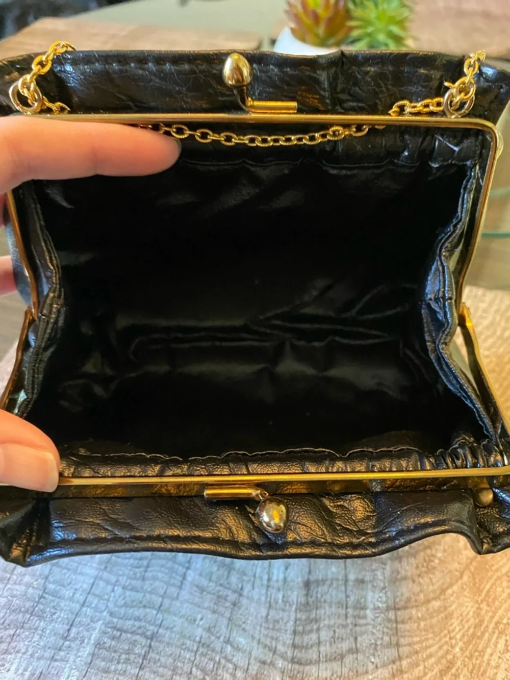 Vintage 60s Black Vinyl Clutch: Monogrammed Chain Handle Purse